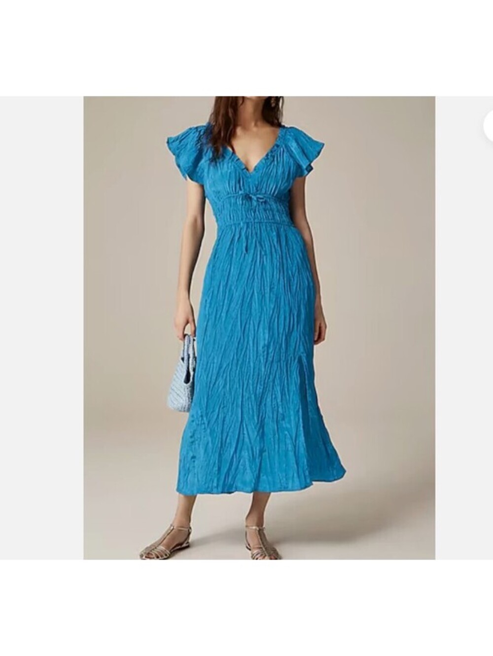 J.Crew Palermo Midi Dress Women's XXS Teal Blue Crinkle Smocked Waist Tie A-Line